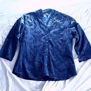 NEW Reba Royal Cotton Blue Eyelet Blouse, Med.